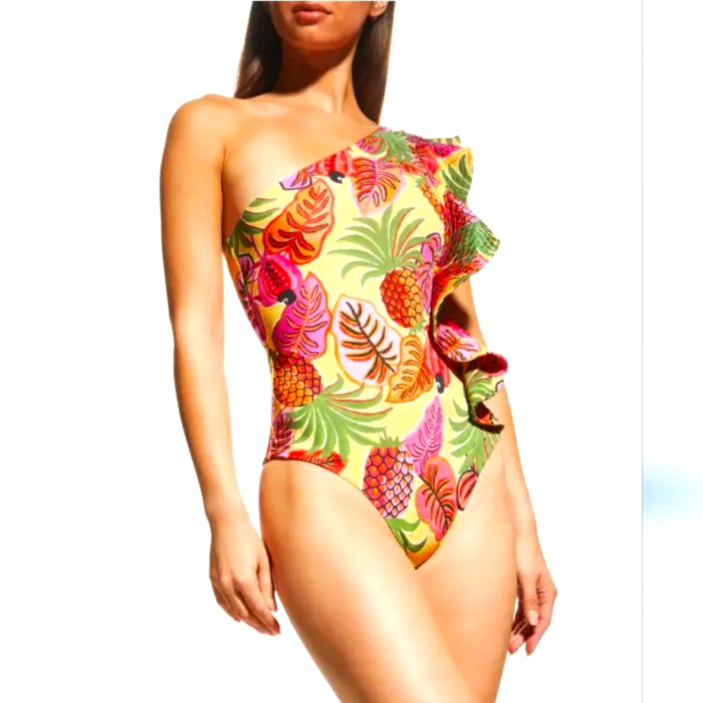 FARM RIO Tropical Dreams One-Shoulder Side Ruffle One Piece Swimsuit NWT - Picture 4 of 9